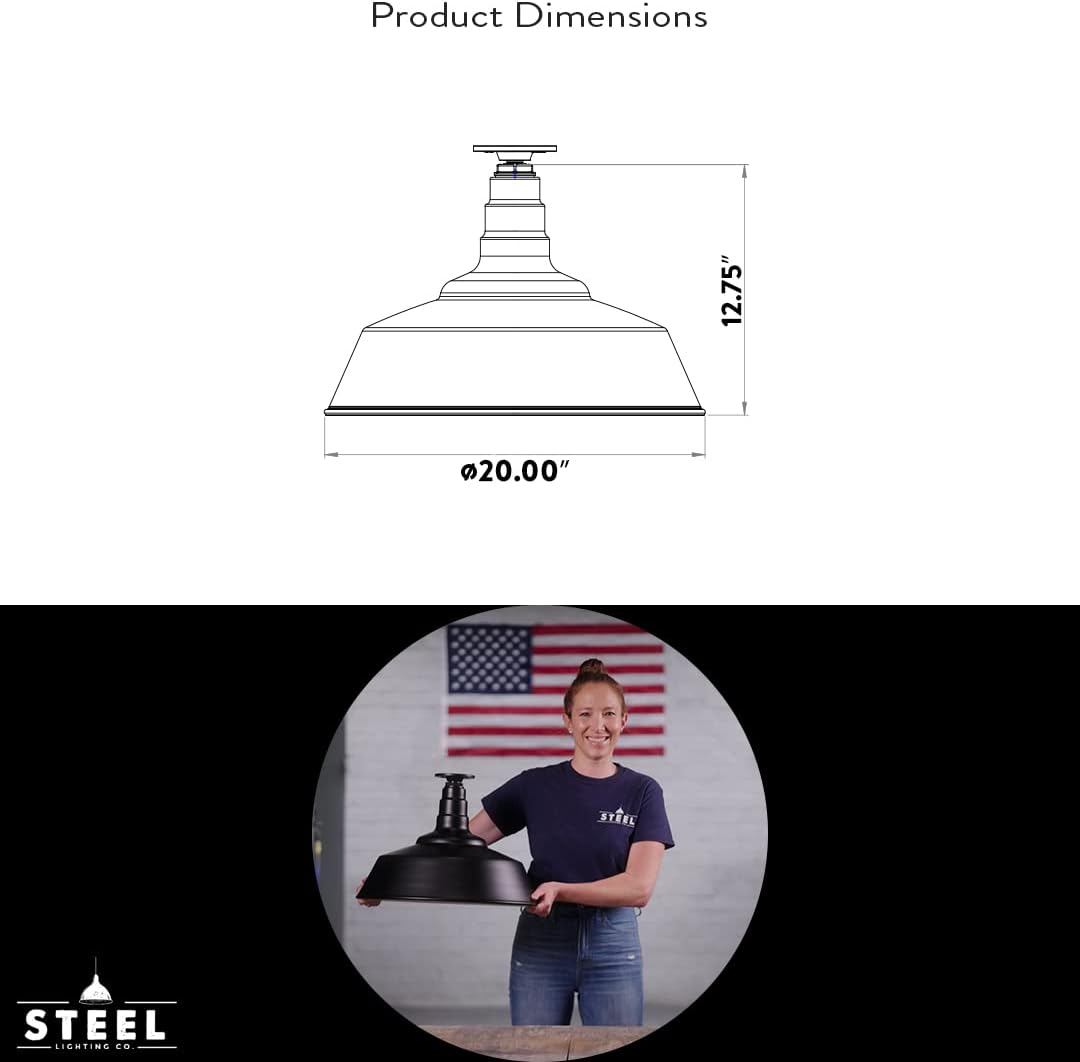 Steel Lighting Co. Manhattan Warehouse Light | Ceiling Mounted Pendant | 20 inch Dome | Flush Mount | Large Steel Barn Light Made in America | Galvanized Exterior/Galvanized Interior