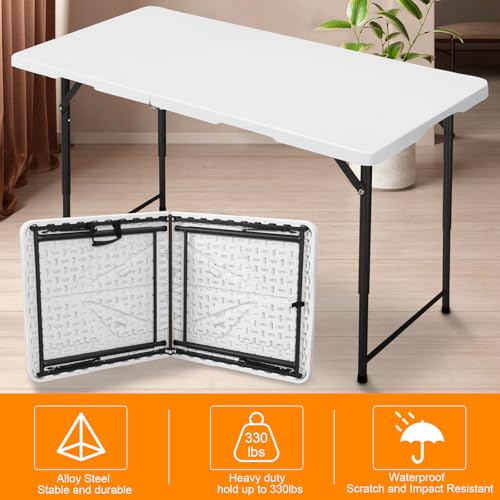 FROASISPRO 4ft Folding Table, Portable Fold-in-Half Adjustable Height Utility Table for Indoor/Outdoor Use, Durable HDPE &...