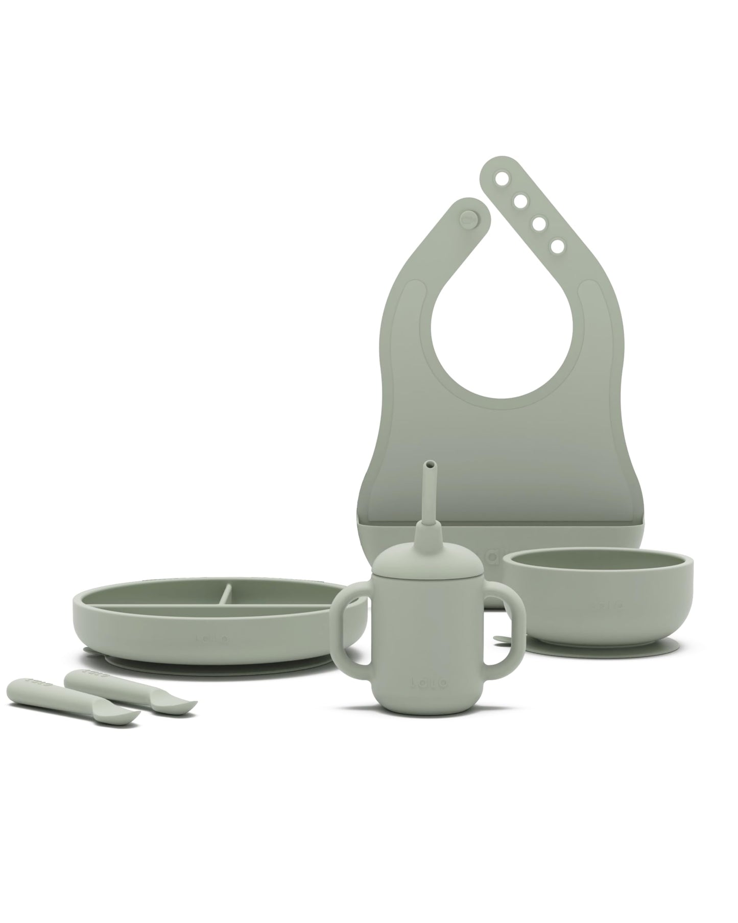 Lalo First Bites Silicone Baby Feeding Set - Baby Led Weaning Supplies - Non-Toxic Silicone - Includes 1 Bib, 2 Spoons, Training Cup, Suction Plate and Bowl - 6 Pieces - Sage