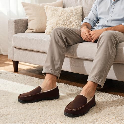 shoeslocker Men's Slippers Indoor Outdoor Warm Soft Plush Memory Foam House Slippers for Men Comfortable Bedroom Moccasin ...