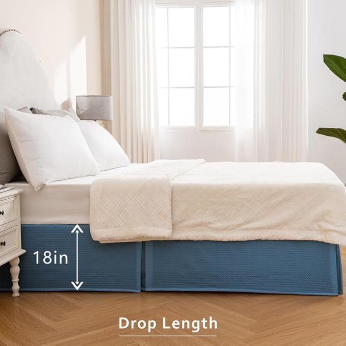 MIYE Pleated Waffle Weave Bed Skirt, Tailored Dust Ruffle 18 Inch Drop Easy Fit, Machine Washable (Blue, Full - 18" Drop)