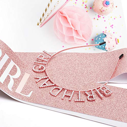 Aurmigle Birthday Crown and Sash Set for Women - Glitter Birthday Girl Sash, Rose-Gold Rhinestone Tiara Headband Gifts Swe...