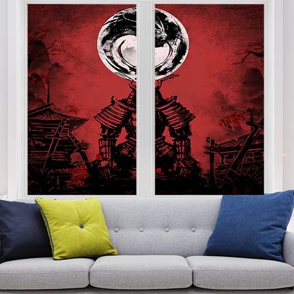 Japanese Samurai Window Film Abstract Vintage Samurai Blossom Dragon Full Moonstained Glass Window Film,Playroom Window Film,Nursery Window Film 35.4Wx78.7L-Inch X2Pcs