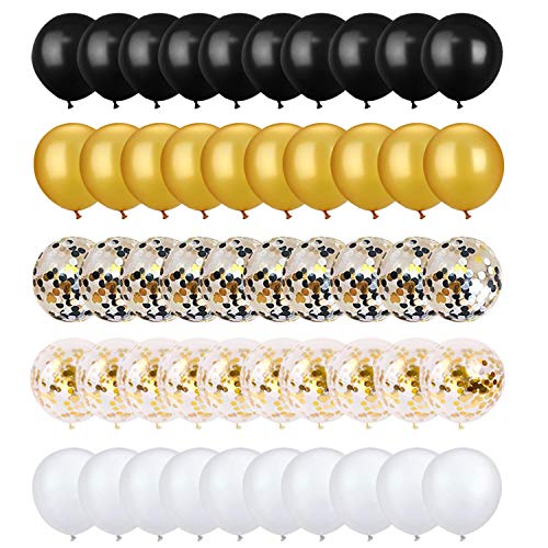 72 Pack Black Gold Confetti Balloons Kit, 12 Inch Black Gold White Balloons and Gold Confetti Balloons with Balloon Ribbon...