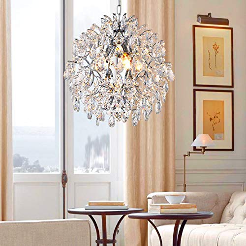 Bestier Modern Pendant Chandelier, Crystal Raindrop Design, 16 D X 18 H, Chrome Finish, 3 E12 Bulbs Required, Ideal For Dining Room, Bedroom,