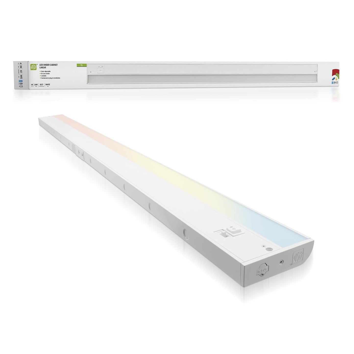 Asd Led Under Cabinet Lighting, 48 Inch, Dimmable, Hardwired/Plug-In, 3 Color Levels, Aluminum, White Finish, Model A-Ucl-48D24Cc-W