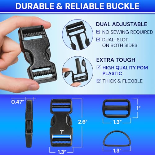 TECEUM Buckles & Strap Kit – 1" Black Nylon Webbing 6 (yd) – 6 Heavy Duty Adjustable Plastic Buckles – 12 Tri-Glide Slide ...