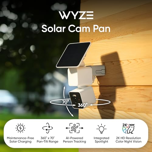 WYZE Solar Cam Pan (Flagship Model), Security Cameras Wireless Outdoor, 2K 360° Pan-Tilt Battery Powered 2.4GHz Wi-Fi Came...