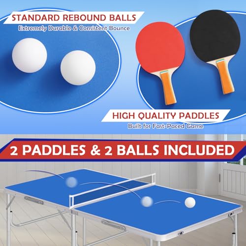 REAHOISY Mid-Size Portable Ping Pong Table, Compact Foldable Table Tennis Table Set w/Net, 2 Paddles & 2 Balls for Indoor ...