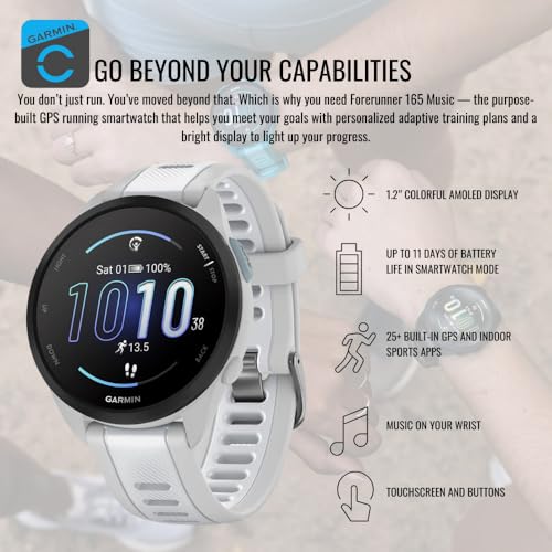 Garmin Forerunner 165 Music GPS Running Smartwatch (Mist Gray-Whitestone) Bundle with Focus Camera Charger Stand Smartwatc...