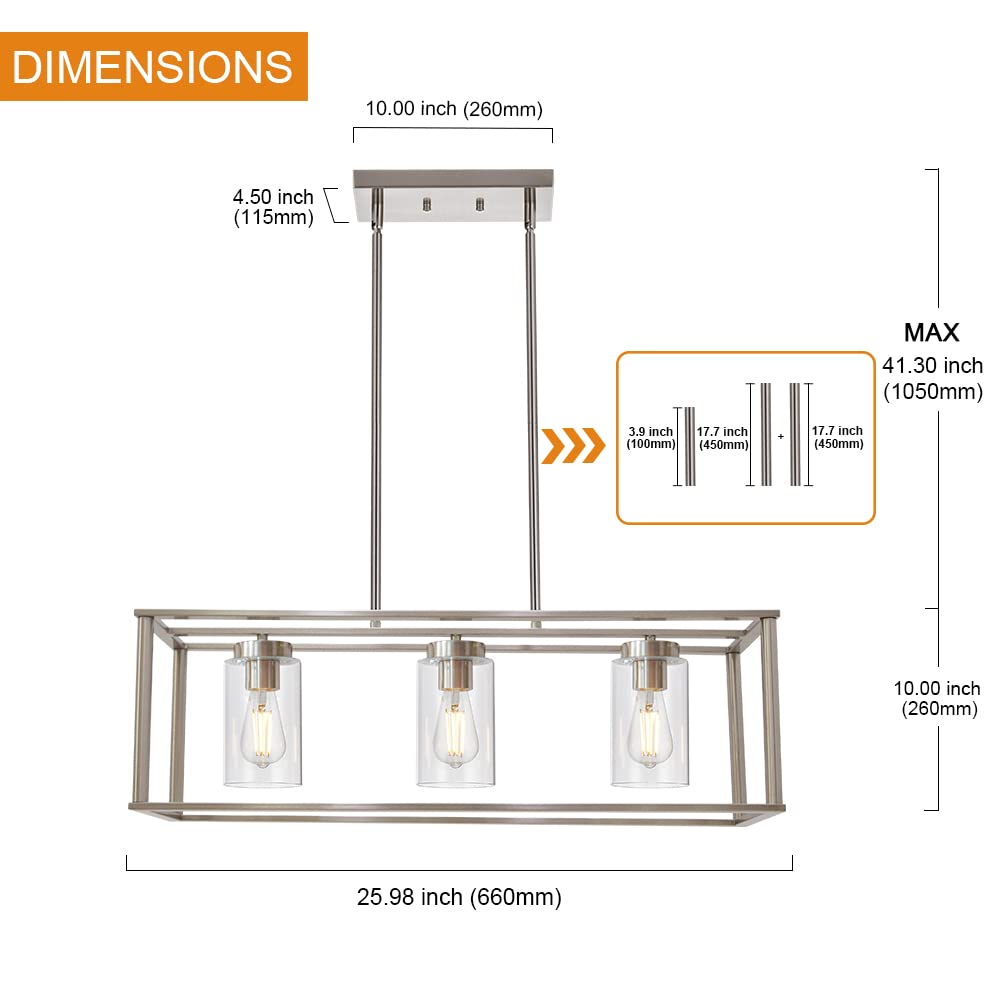 VINLUZ 3 Light Linear Chandelier Brushed Nickel Modern Pendant Light Fixture for Kitchen Island, Dining Room, Model 1811-3-SN