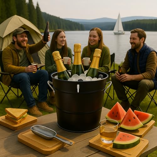 Insulated Ice Bucket with Lid Scoop Handle for Parties Cocktail Bar, 4L Round Mental Champagne Drink Wine Bucket for Drink...