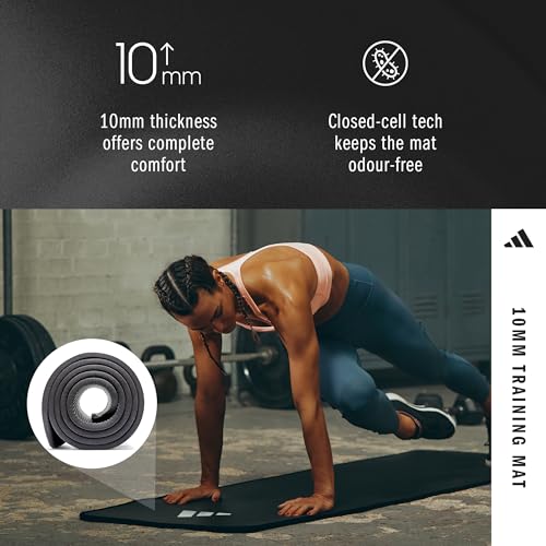 adidas 10mm Extra Thick Training Mat with Carrying Strap and Non-Slip Textured Base - Cushioned Workout Mat for Home Gym, ...