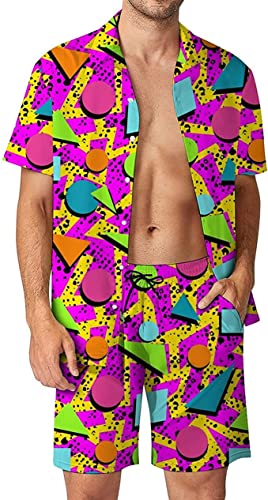Arssm Mens 2 Pieces Vintage Shirts and Shorts Set 80s 90s Outfit Button Down Beach Suit Quick Dry for Vintage Halloween Party