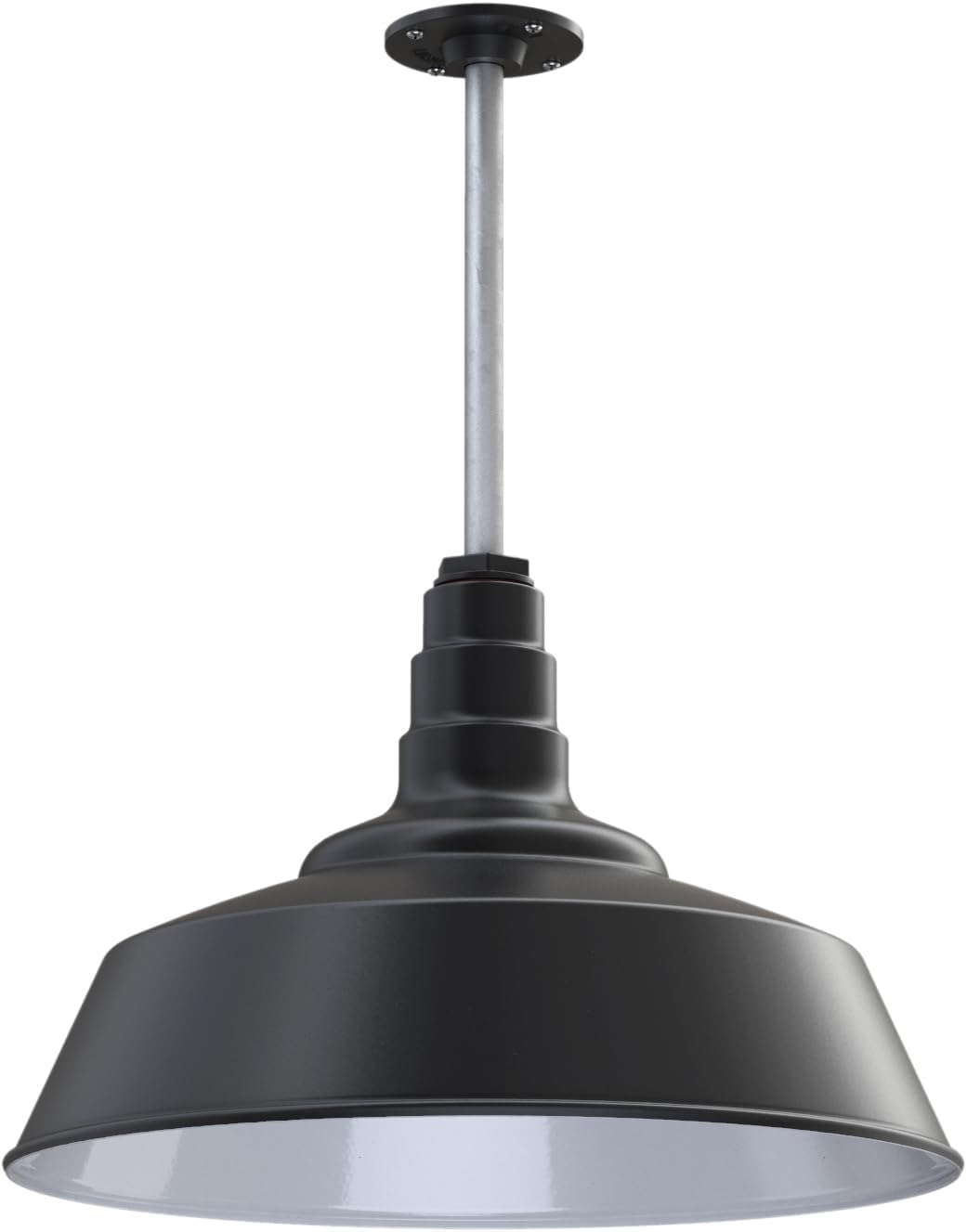Steel Lighting Co. Manhattan Warehouse Light | Ceiling Mounted Pendant | 20 inch Dome | 12 inch Stem | Large Steel Barn Light Made in America | Matte Black Exterior/White Interior