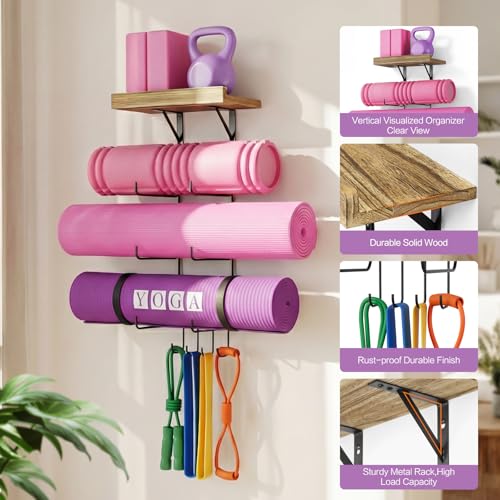 Bikoney Yoga Mat Holder Wall Mount Yoga Mat Storage Home Gym Accessories with Wood Floating Shelves and 4 Hooks for Hangin...