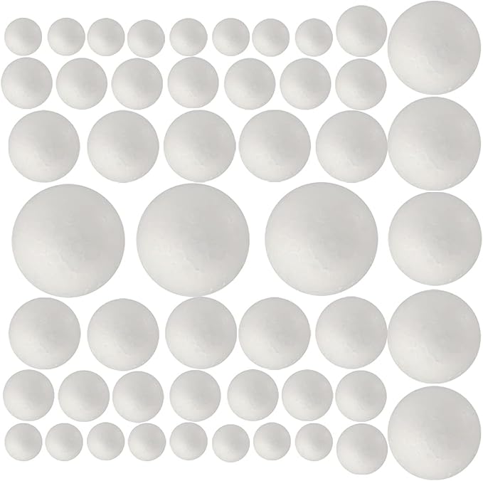 50 Pack Craft Foam Balls, 5 Sizes(1-2.4 Inches), White Polystyrene Smooth Round Balls, Foam Balls for Arts and Crafts, Chr...