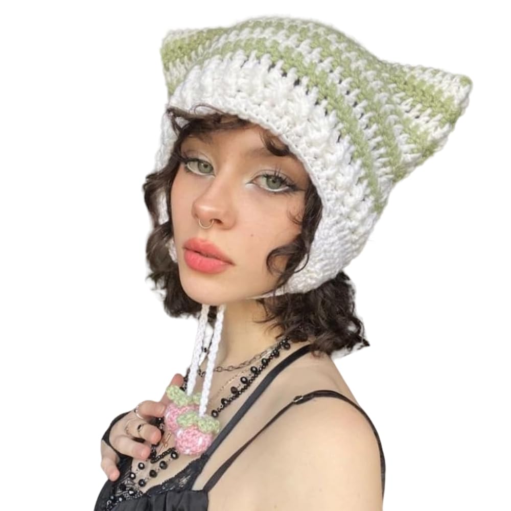 Y2K Crochet Hat for Women Kawaii Cute Knit Hat Vintage Beanie Cat Ear Grunge Fairy Slouchy Headgear Accessories (Green)