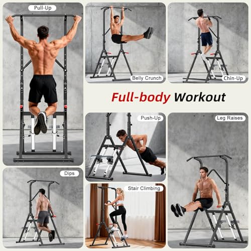 Nimsqury Pull Up Bar Free Standing with Stair Stepper, Adjustable Power Tower Dip Station, Multi-functional Strength Train...