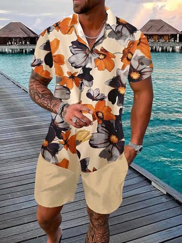 UOUA Men's Beach 2 Piece Outfits Hawaiian Flower Button Down Shirts and Shorts Sets