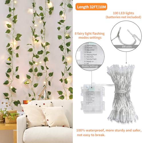 CEWOR 14 Pack 98ft Fake Ivy Vines, Artificial Ivy Garland with 100 LED String Lights, Hanging Plants Greenery Backdrop Gre...