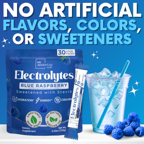 Zero Sugar Blue Raspberry Electrolytes Powder Packets (30 Pack) - All Natural Ingredients, Caffeine Free Energy for Refres...
