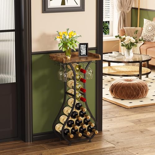 X-cosrack Wine Rack Freestanding Floor, Mini Bar Table Wine Holder Stand Liquor Cabinet with Glass Holder Wood Tabletop 14...