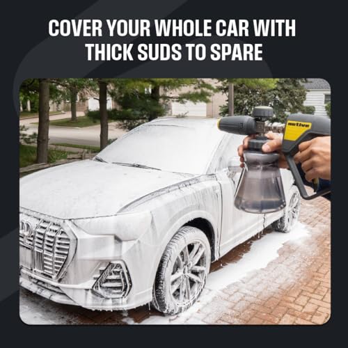 Active Foam Cannon with ¼ inch quick connector for Electric and Gas Pressure Washers. Wide-mouth bottle and variable spray...