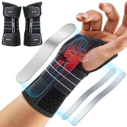 Rakiie 2 Pack Carpal Tunnel Wrist Braces, Adjustable Night Wrist Support with 3 Metal Splints, Hand Stabilizer for Men Wom...