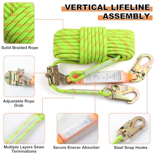 Rope Harness Safety Lanyard 50FT Fall Protection Vertical Roofing Rope with Grab Snap Hooks Shock Absorber Safety Ropes Tr...