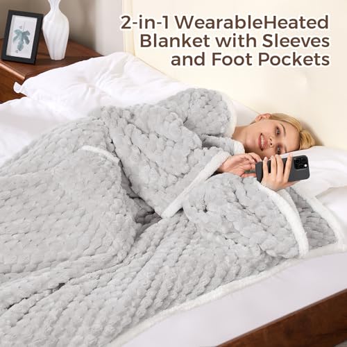 Electric Blanket Heated Throw, Soft Flannel & Sherpa Wearable Heated Blanket with Sleeves, Heating Wearable Blanket with 6...