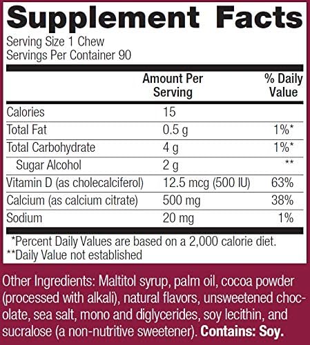 Bariatric Advantage Calcium Citrate Chewy Bites 500 mg - for Bariatric Surgery Patients - Vitamin D3 - Sugar-Free Chewable Calcium Supplement - Bariatric Chews - Chocolate Flavor - 90 Count