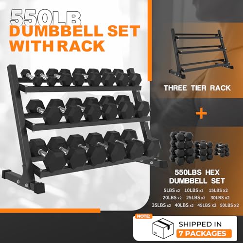 Mikolo Dumbbell Sets with Rack, Rubber Hex Dumbbells, Multiple Choices in 160/200/380/450/550LB, Hand Weights with Chrome ...
