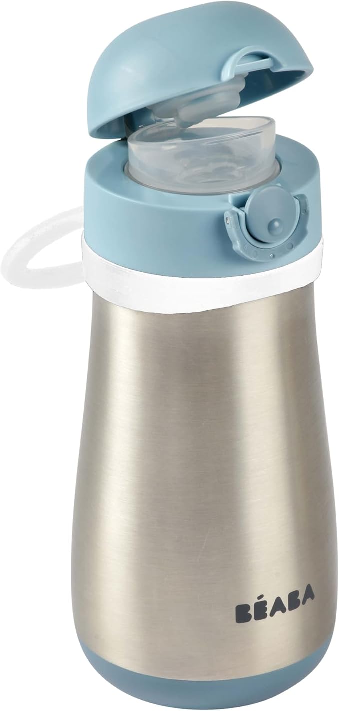 BEABA Kids Stainless Steel Insulated Water Bottle, Kids Water Bottle, Toddler Insulated with Spill Proof Spout and Close Top, Perfect for Travel, (Rain)