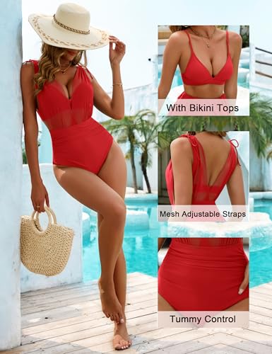BMJL Womes One Piece Swimsuit Mesh Bathing Suit Tummy Control Swimsuits Plunge Bikini Tops 2025