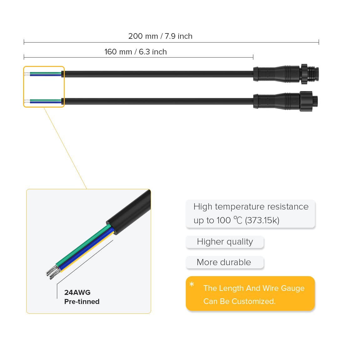 Btf-Lighting 4 Pin Electrical Metal Nut Connector 20Awg Ip68 Male Female Connector 7.87In/20Cm Extension Cable For Car Truck Boat Indoor/Outdoor Led Strip Lights/String 15Mm Metal Nut Small Size