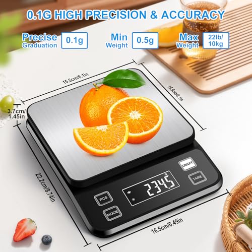 22lb Waterproof IPX67 Kitchen Scale with 0.1g/0.001oz High Precision, Diyife Large Stainless Steel Food Scale, 10 Unit, Wa...
