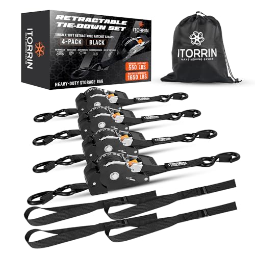 ITORRIN Retractable Ratchet Straps(4 PK)- 1 Inch x 10 Feet (1,650lb Break Strength)-Self Retracting Tie Down Straps for Mo...