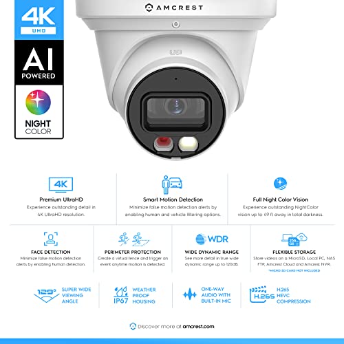 Amcrest UltraHD 4K (8MP) IP PoE AI Camera, 49ft Nightcolor, Security Outdoor Turret Camera, Built-in Microphone, Human Det...