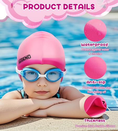 Aegend 2 Pack Kids Swim Cap for Girls Boys Age 3-15, Waterproof Durable Silicone Swimming Cap for Long or Short Hair, Comf...