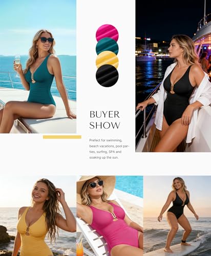 SHAPELLX Tummy Control Swimsuits One Piece V Neck Slimming Bathing Suit for Women Cutout Ruched Shapewear Swimwear
