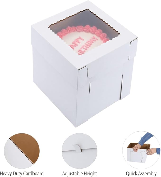 Tall Cake Boxes for Tier Cakes,2 Sizes 4 Pack 10x10x12in and 12x12x12in,Sturdy Cardboard Cake Boxes Shipping in 2 3 Tier for Layer Tiered Cakes，Disposable Cake Containers