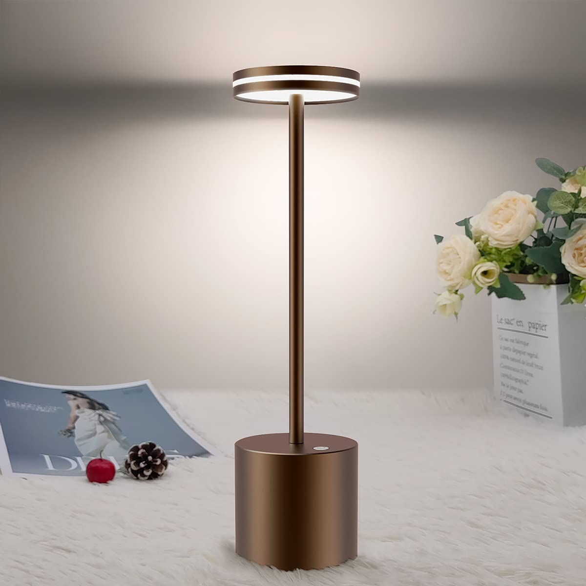 bravzurg Rechargeable Table Lamp, Dimmable LED, 5000mAh, Metal, Wireless, Brown, Model S805