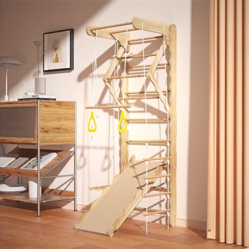 Mulinsonfly 5-in-1 Wooden Indoor Jungle Gym for Kids, Wall-Mounted Swedish Ladder with Pull-Up Bar, Rings, Swing, and Slid...