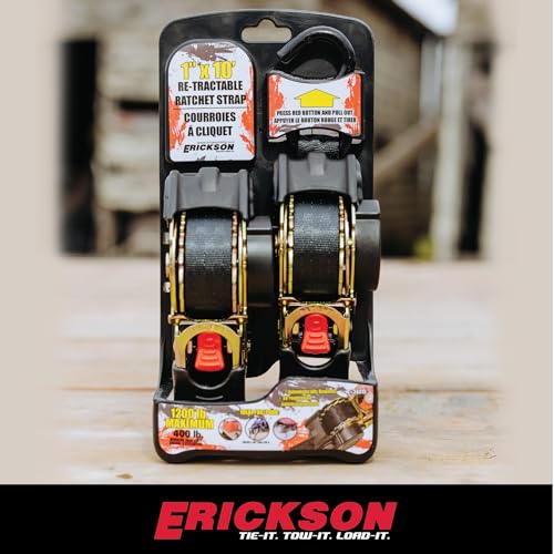 Erickson Pro Series 1in x 10ft Black Retractable Ratcheting Tie-Down Straps, Heavy-Duty Secure Hold, 1500 lb Load Capacit...