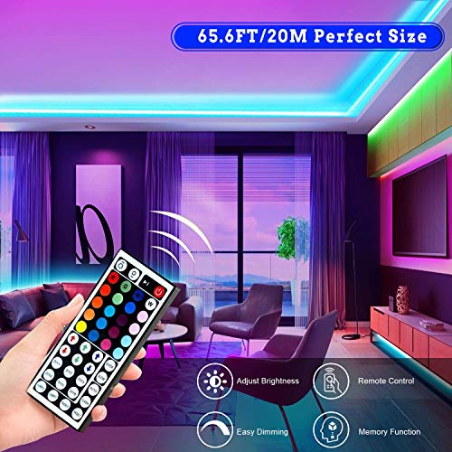 Tenmiro 65.6ft Led Strip Lights, Ultra Long RGB Color Changing LED Light Strips Kit with 44 Keys Ir Remote Led Lights for ...