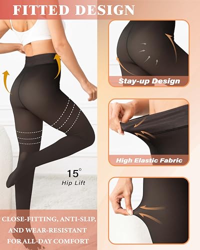 Unesmaro Women's Thermal Fleece Lined Tights, Translucent Skin Tone Pantyhose Style Leggings for Winter Warmth