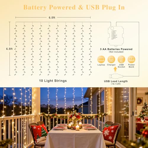 JMEXSUSS 200 LED Christmas Curtain Lights Battery Operated & USB Plug in, 8 Modes Warm White Curtain String Lights for Bac...