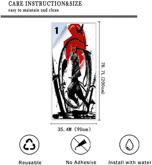 Japanese Samurai Decorative Window Film Watercolor Ink Samurai Sword Red Sun Printdining Room Window Film,Dorm Room Glass Film 35.4Wx78.7L-Inch X1Pcs