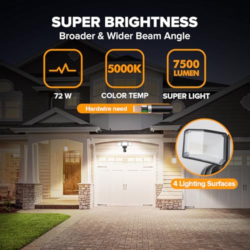 LUTEC 72W 7500LM LED Security Lights Motion Sensor Light Outdoor, 5000K Daylight, IP65 Waterproof, Dusk to Dawn, 3-Head Mo...